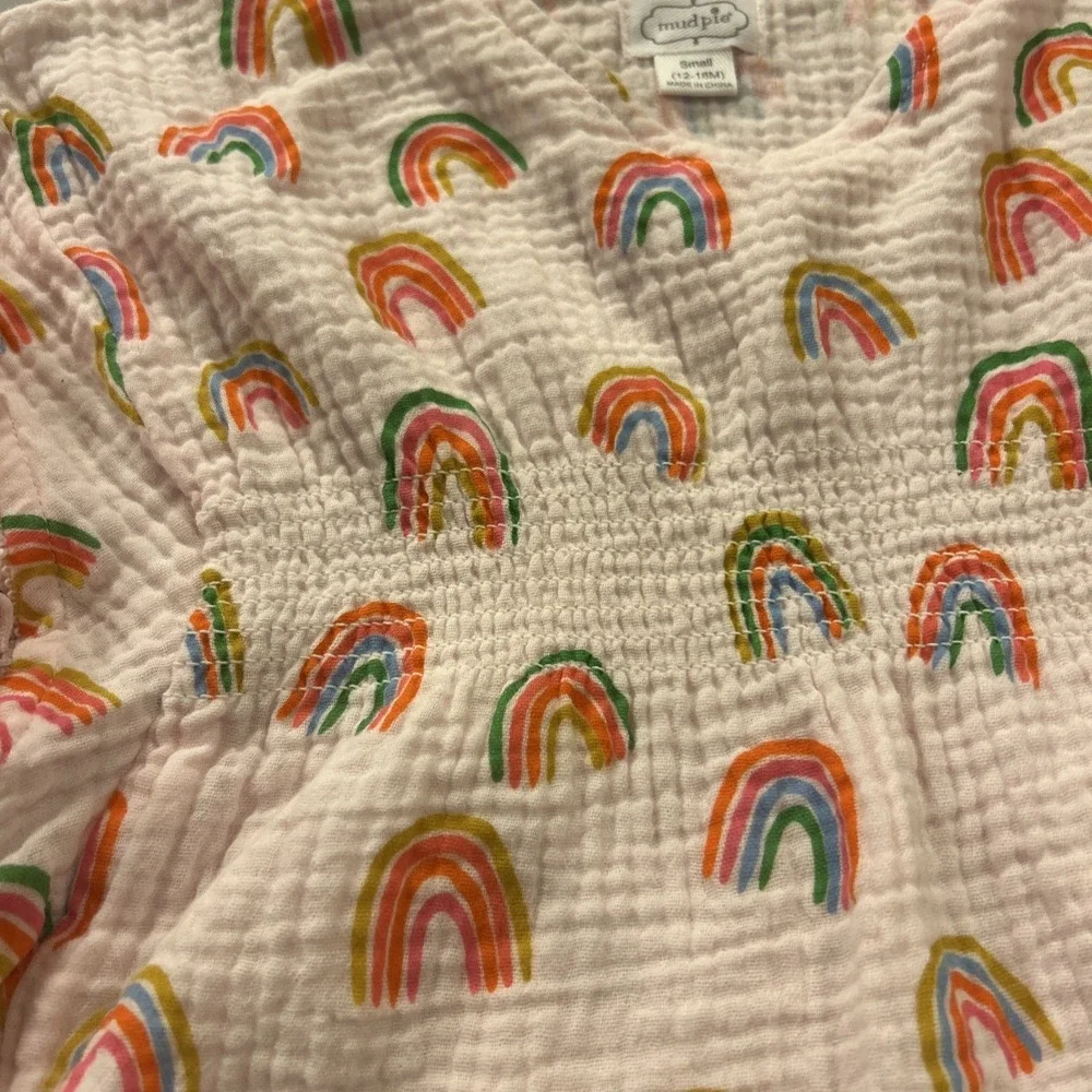 Mud Pie Baby Girls Dress 12–18M‎ Pink Rainbows Muslin Cotton Pom Trim Summer